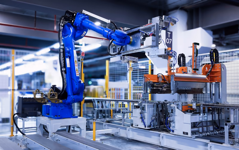Industrial robot arm working on a factory cell
